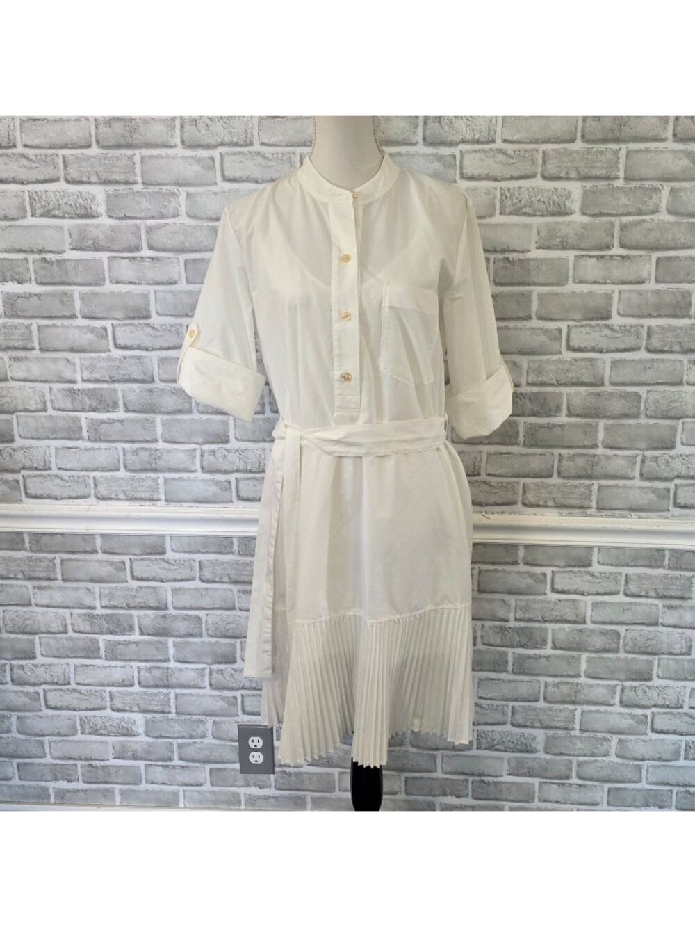 Banana Republic Tall M White Pleated Hem Shirt Dress Preppy Tie Waist Button